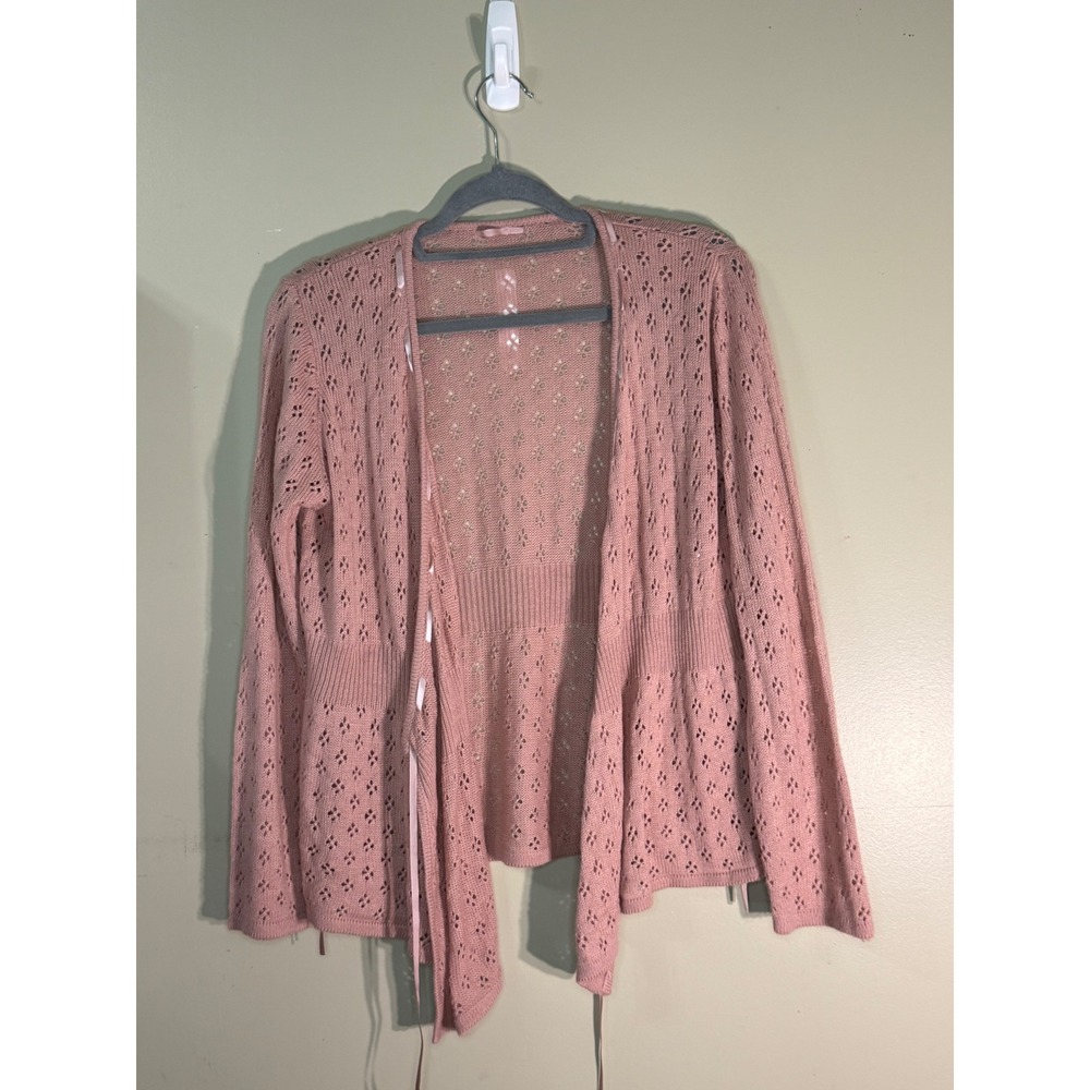 Pink Pointelle Knit Wrap Cardigan Balletcore Ribbon Tie Peplum Sweater Large